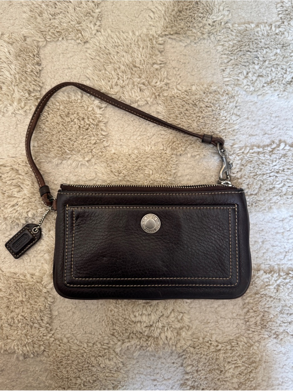 Coach Dark Brown Pebbled Leather Wristlet